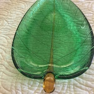 Art Green glass veined leaf dish,see thru glass,with gold stem ,
